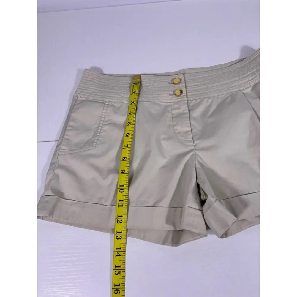 Tory Burch Beige Smocked-Waist Safari Bermuda Shorts Gold Buttons Size 10 0598